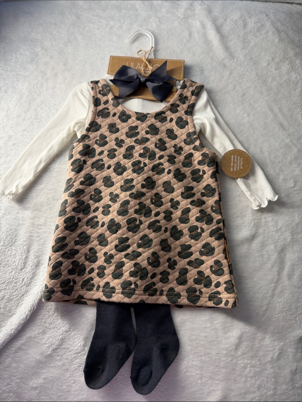 Girls Quilted Pink Leopard Pinafore Dress with White Top and Black Tights